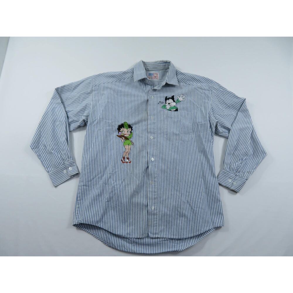 Betty Boop Felix The Cat Oxford Shirt Blue White Striped Sz XL 1990s